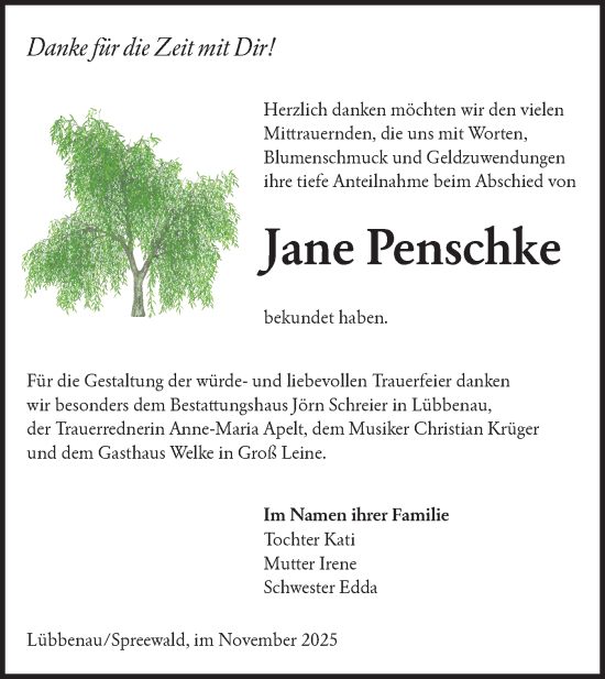 Traueranzeige von Jane Penschke von Lausitzer Rundschau