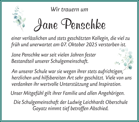 Traueranzeige von Jane Penschke von Lausitzer Rundschau