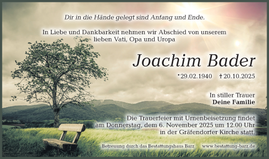 Traueranzeige von Joachim Bader von Lausitzer Rundschau
