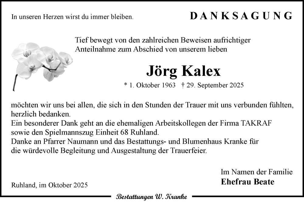  Traueranzeige für Jörg Kalex vom 01.11.2025 aus Lausitzer Rundschau