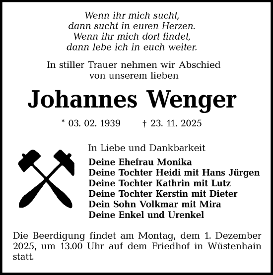 Traueranzeige von Johannes Wenger von Lausitzer Rundschau