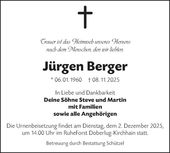 Traueranzeige von Jürgen Berger von Lausitzer Rundschau