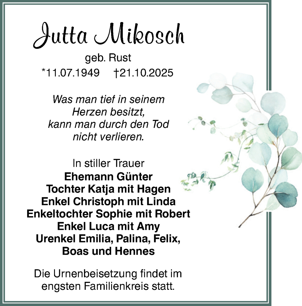  Traueranzeige für Jutta Mikosch vom 01.11.2025 aus Lausitzer Rundschau