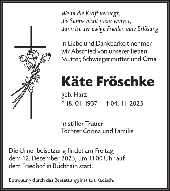 Traueranzeige von Käte Fröschke von Lausitzer Rundschau