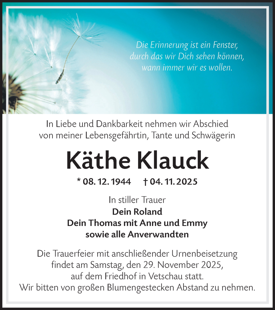  Traueranzeige für Käthe Klauck vom 22.11.2025 aus Lausitzer Rundschau