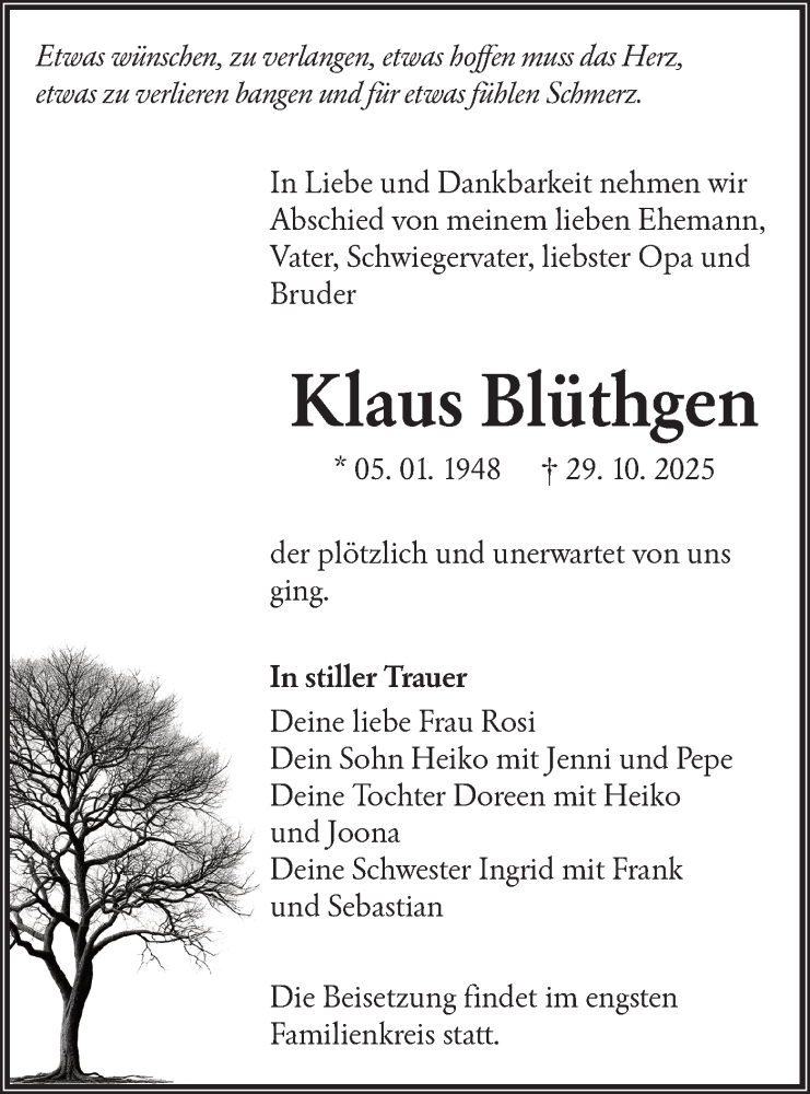  Traueranzeige für Klaus Blüthgen vom 08.11.2025 aus Lausitzer Rundschau