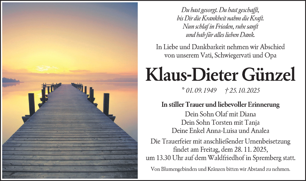  Traueranzeige für Klaus-Dieter Günzel vom 08.11.2025 aus Lausitzer Rundschau
