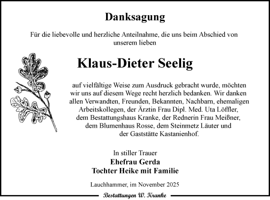 Traueranzeige von Klaus-Dieter Seelig von Lausitzer Rundschau