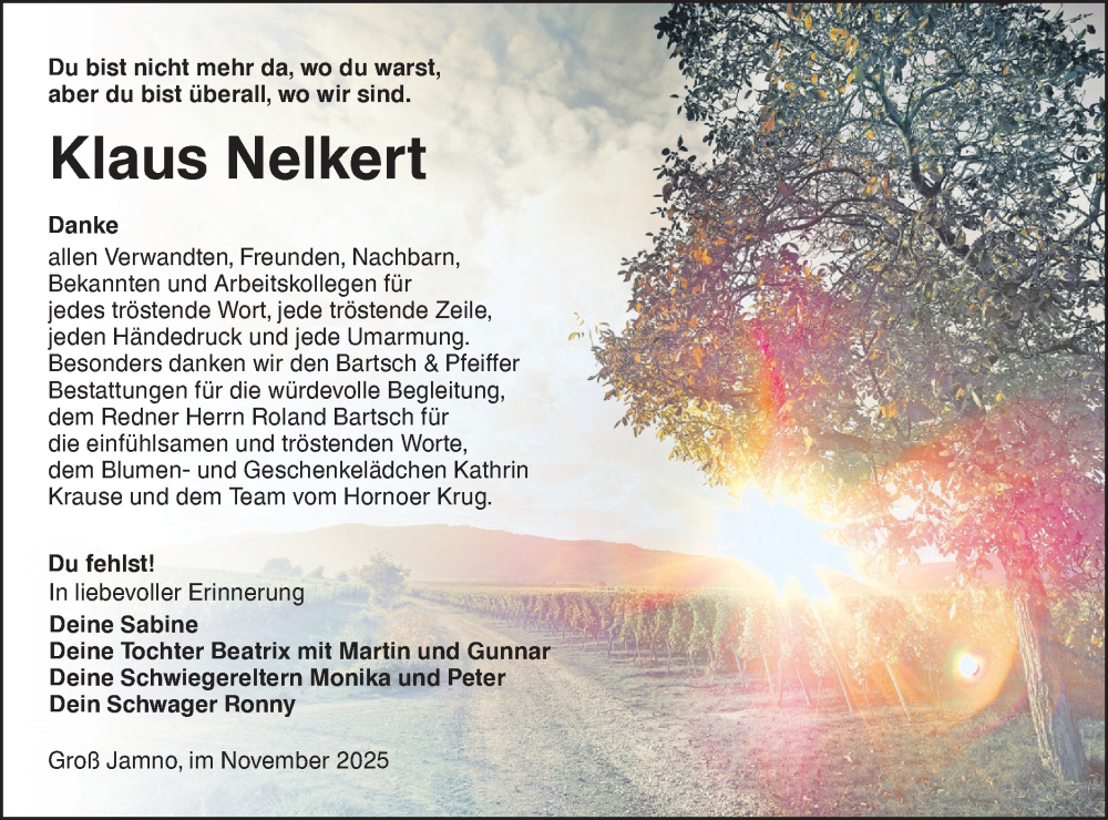  Traueranzeige für Klaus Nelkert vom 22.11.2025 aus Lausitzer Rundschau