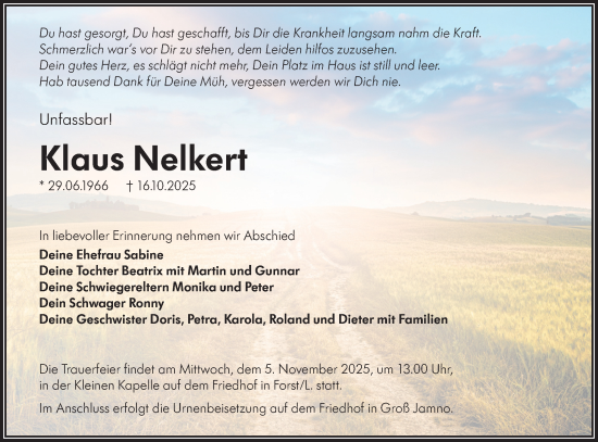 Traueranzeige von Klaus Nelkert von Lausitzer Rundschau