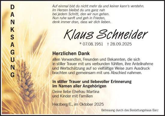 Traueranzeige von Klaus Schneider von Lausitzer Rundschau