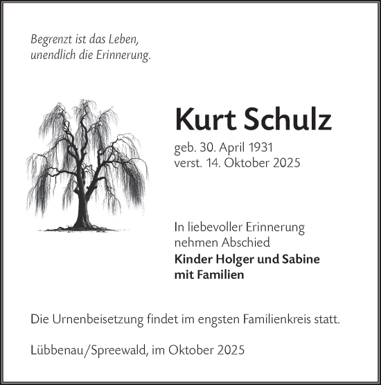 Traueranzeige von Kurt Schulz von Lausitzer Rundschau