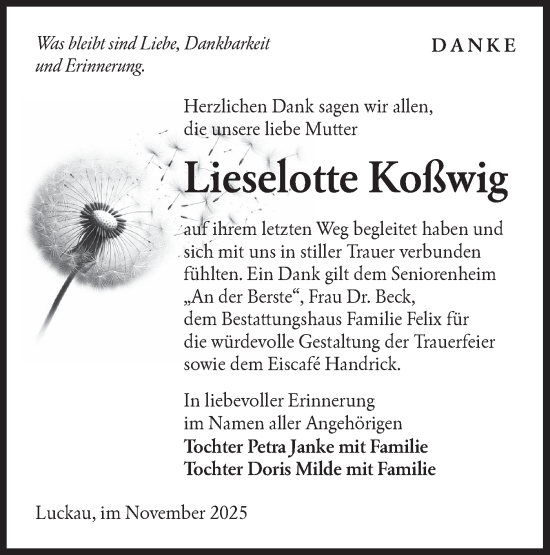 Traueranzeige von Lieselotte Koßwig von Lausitzer Rundschau