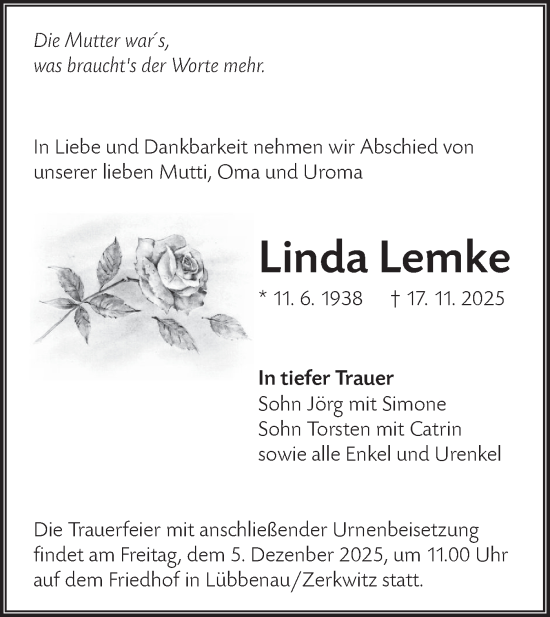 Traueranzeige von Linda Lemke von Lausitzer Rundschau