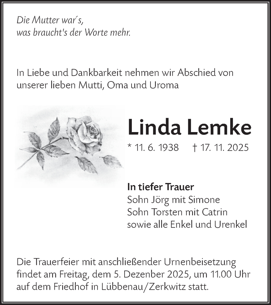  Traueranzeige für Linda Lemke vom 29.11.2025 aus Lausitzer Rundschau