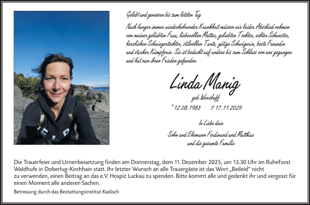  Traueranzeige für Linda Manig vom 29.11.2025 aus Lausitzer Rundschau