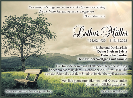 Traueranzeige von Lothar Müller von Lausitzer Rundschau