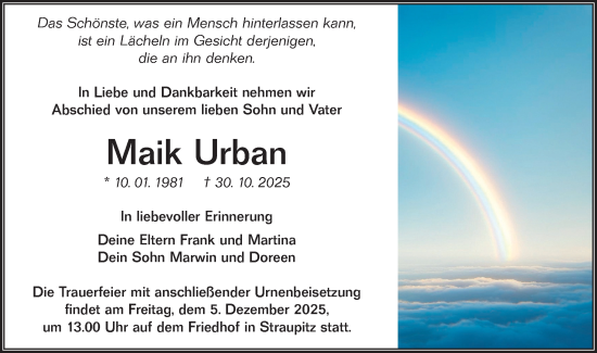 Traueranzeige von Maik Urban von Lausitzer Rundschau