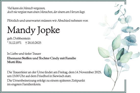 Traueranzeige von Mandy Jopke von Lausitzer Rundschau