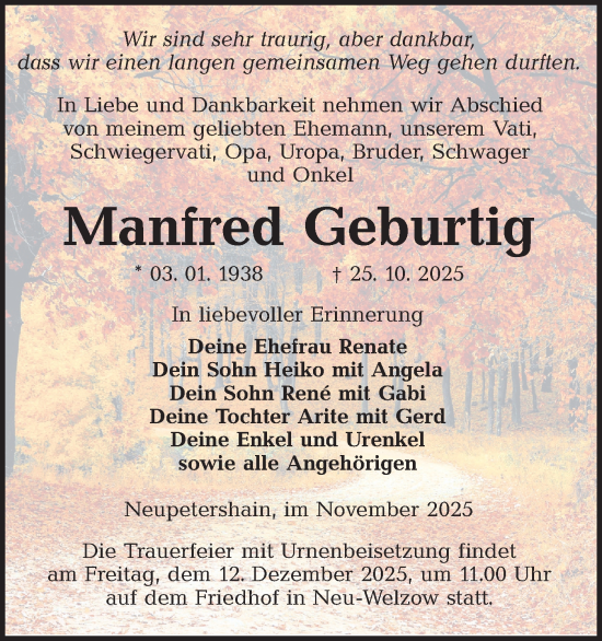 Traueranzeige von Manfred Geburtig von Lausitzer Rundschau
