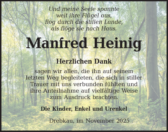Traueranzeige von Manfred Heinig von Lausitzer Rundschau