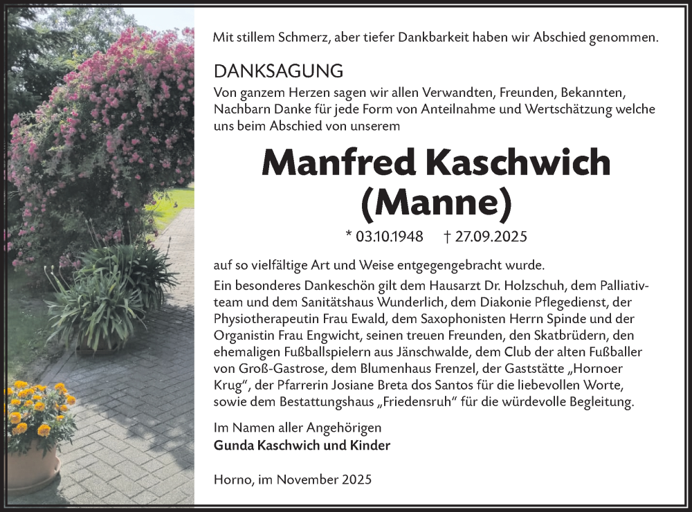  Traueranzeige für Manfred Kaschwich vom 15.11.2025 aus Lausitzer Rundschau