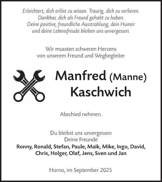 Traueranzeige von Manfred Kaschwich von Lausitzer Rundschau