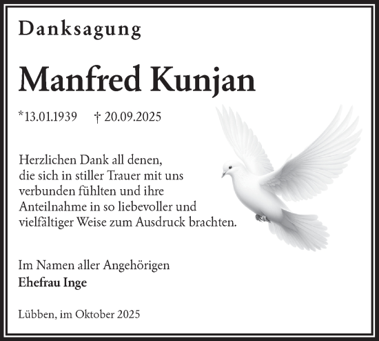 Traueranzeige von Manfred Kunjan von Ausg. LR Spreewald RS