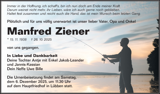 Traueranzeige von Manfred Ziener von Lausitzer Rundschau