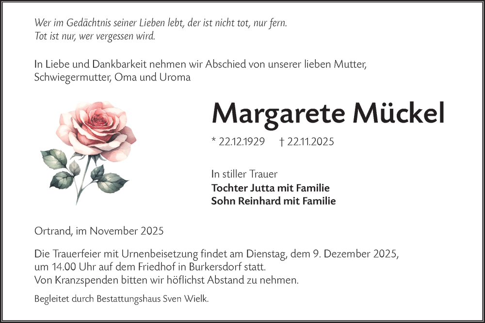  Traueranzeige für Margarete Mückel vom 29.11.2025 aus Lausitzer Rundschau