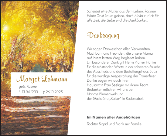 Traueranzeige von Margot Lehmann von Lausitzer Rundschau