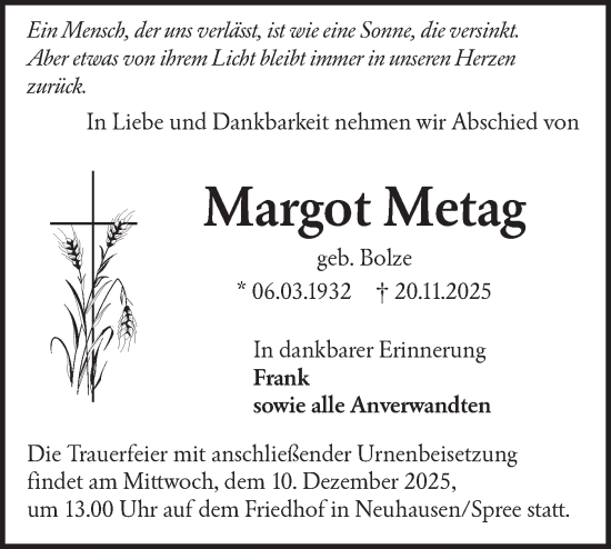 Traueranzeige von Margot Metag von Lausitzer Rundschau