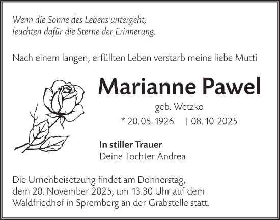 Traueranzeige von Marianne Pawel von Lausitzer Rundschau