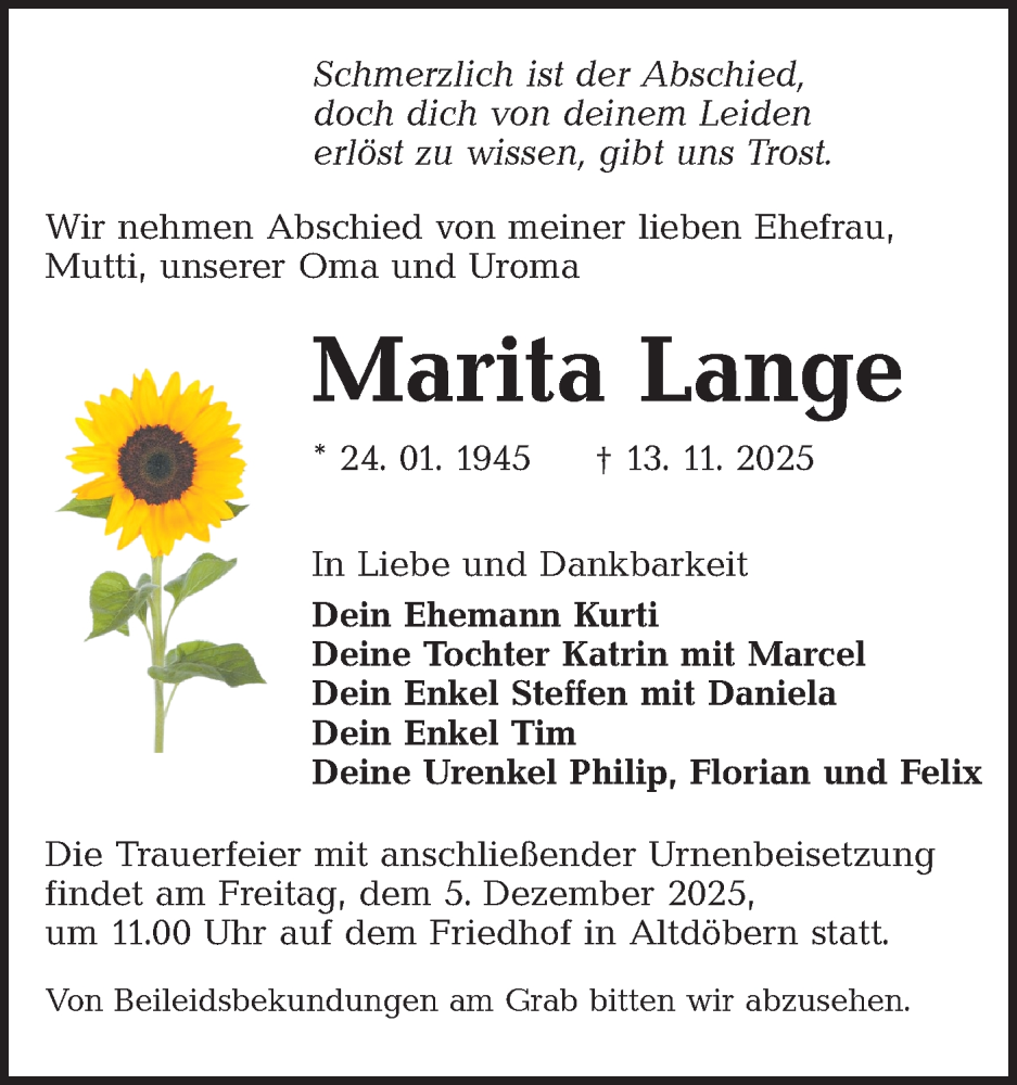  Traueranzeige für Marita Lange vom 29.11.2025 aus Ausg. LR Spreewald RS