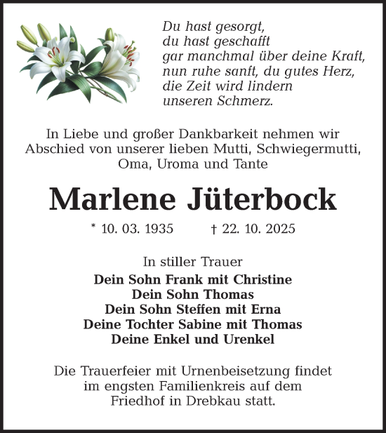 Traueranzeige von Marlene Jüterbock von Lausitzer Rundschau