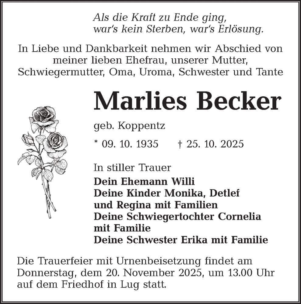  Traueranzeige für Marlies Becker vom 08.11.2025 aus Lausitzer Rundschau