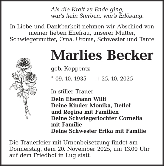 Traueranzeige von Marlies Becker von Lausitzer Rundschau