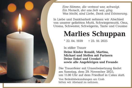 Traueranzeige von Marlies Schuppan von Lausitzer Rundschau