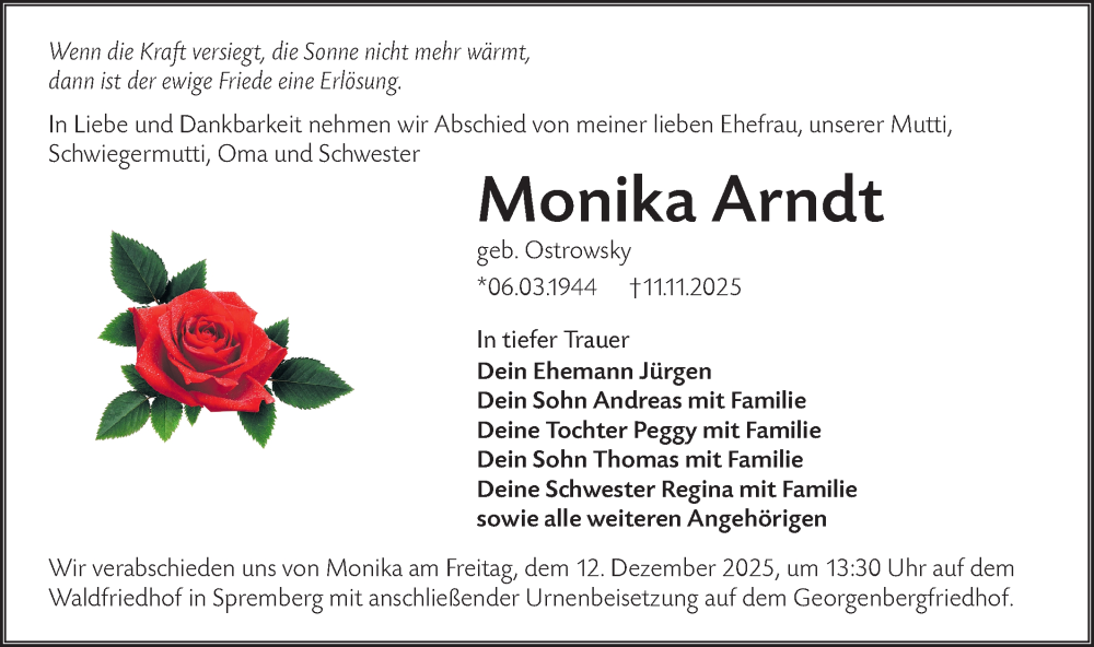  Traueranzeige für Monika Arndt vom 29.11.2025 aus Lausitzer Rundschau