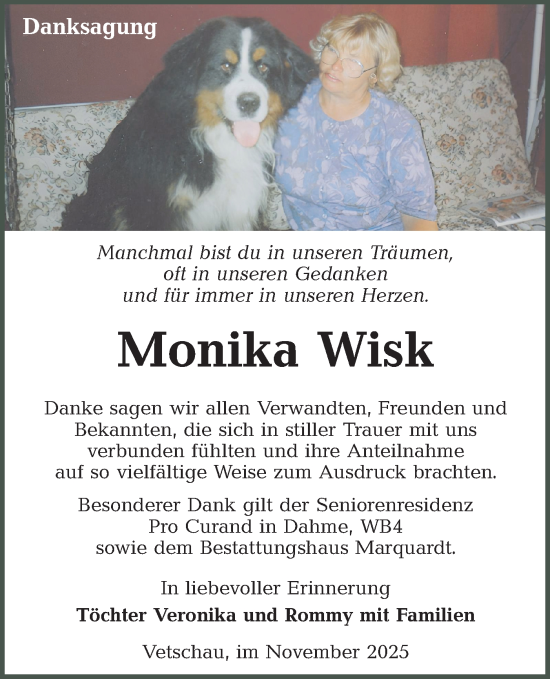 Traueranzeige von Monika Wisk von Lausitzer Rundschau
