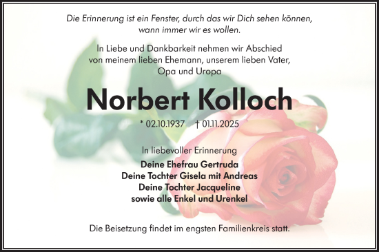 Traueranzeige von Norbert Kolloch von Lausitzer Rundschau