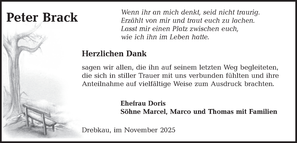  Traueranzeige für Peter Brack vom 15.11.2025 aus Lausitzer Rundschau