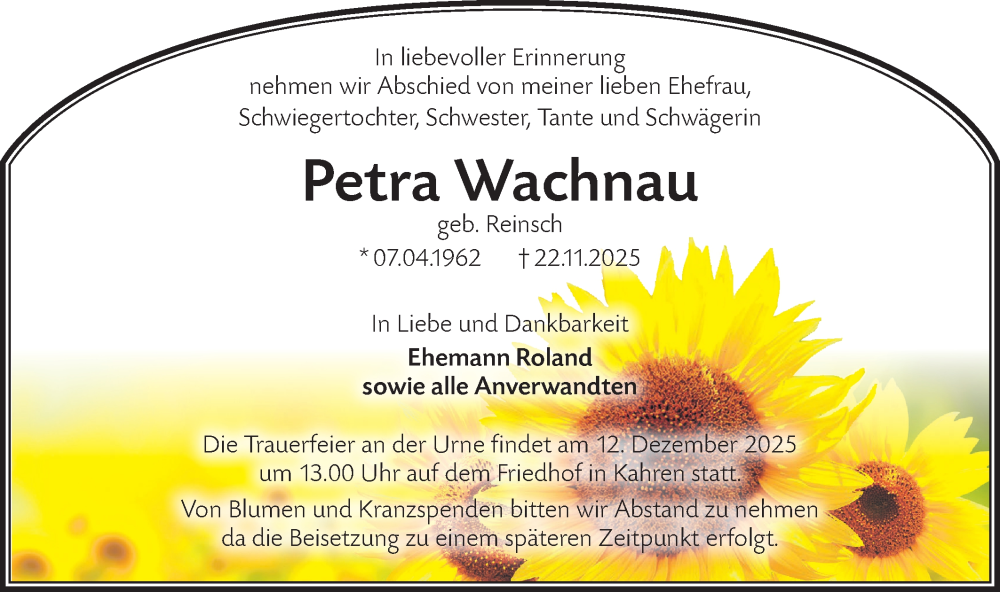  Traueranzeige für Petra Wachnau vom 29.11.2025 aus Lausitzer Rundschau