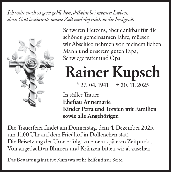 Traueranzeige von Rainer Kupsch von Lausitzer Rundschau