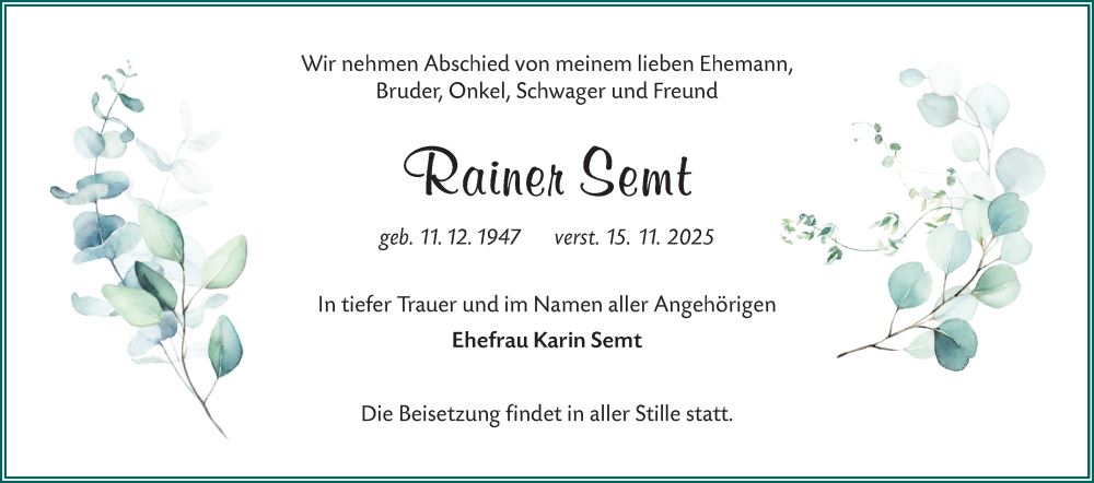  Traueranzeige für Rainer Semt vom 29.11.2025 aus Lausitzer Rundschau