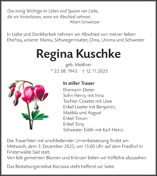 Traueranzeige von Regina Kuschke von Lausitzer Rundschau