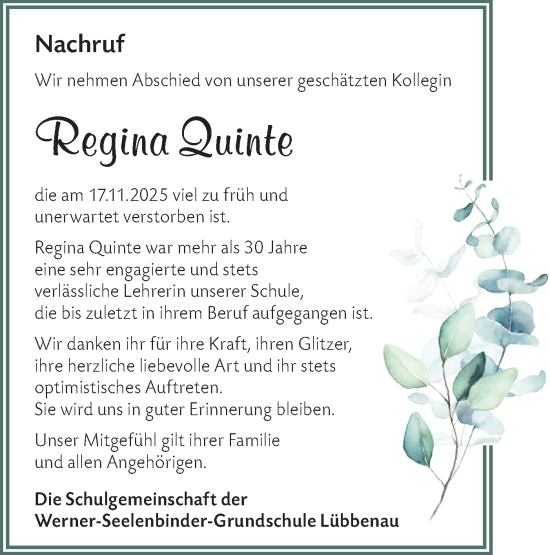 Traueranzeige von Regina Quinte von Lausitzer Rundschau