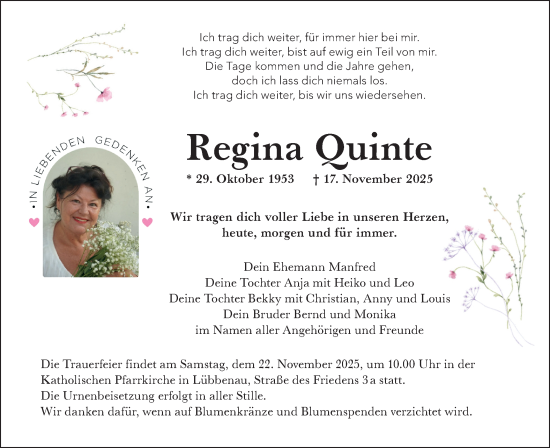 Traueranzeige von Regina Quinte von Ausg. LR Spreewald RS