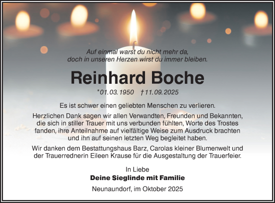 Traueranzeige von Reinhard Boche von Lausitzer Rundschau