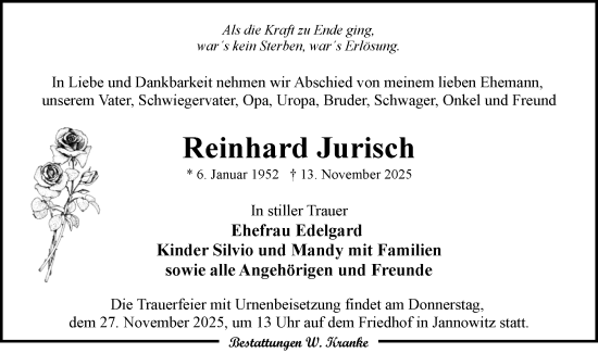 Traueranzeige von Reinhard Jurisch von Lausitzer Rundschau